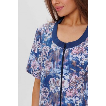 Халат  женский       из кулирки   на молнии  с коротким рукавом  синий