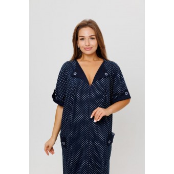 Халат  женский       из кулирки   на молнии  с коротким рукавом  синий   Kuzina