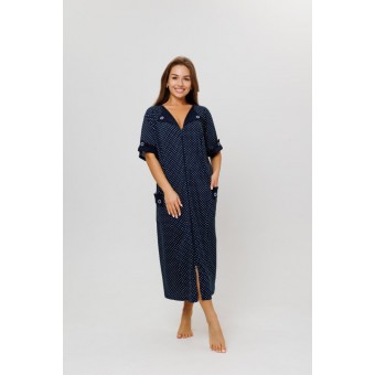 Халат  женский       из кулирки   на молнии  с коротким рукавом  синий   Kuzina