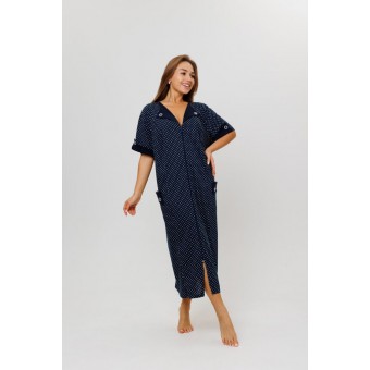 Халат  женский       из кулирки   на молнии  с коротким рукавом  синий   Kuzina