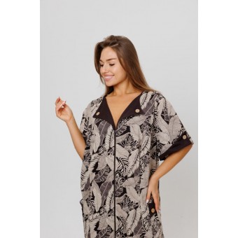 Халат  женский       из кулирки   на молнии  с коротким рукавом  коричневый   Kuzina