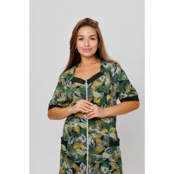 Халат  женский       из кулирки   на молнии  с коротким рукавом  зеленый   Kuzina