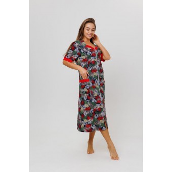 Халат  женский       из кулирки   на молнии  с коротким рукавом  красный   Kuzina