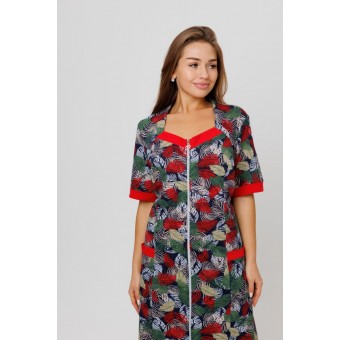 Халат  женский       из кулирки   на молнии  с коротким рукавом  красный   Kuzina