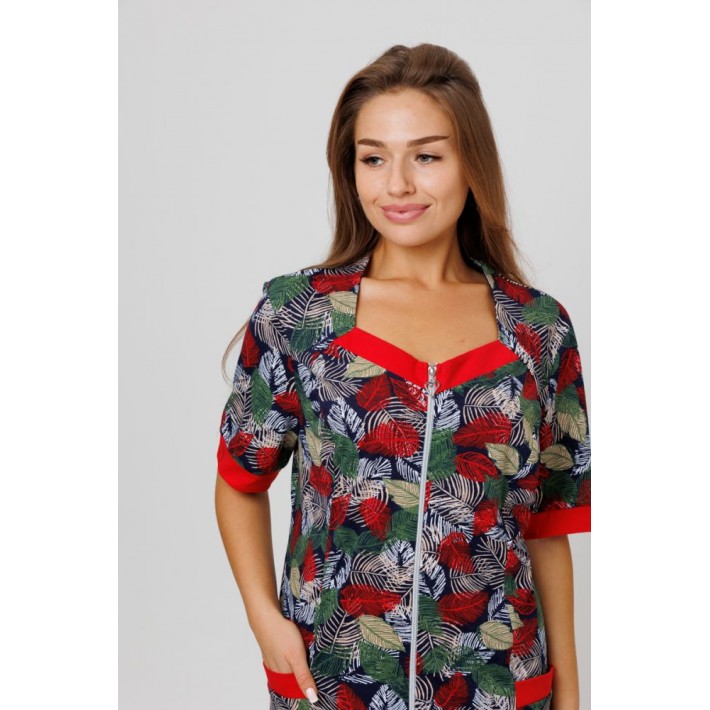 Халат женский из кулирки на молнии с коротким рукавом красный Kuzina