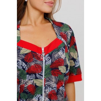 Халат  женский       из кулирки   на молнии  с коротким рукавом  красный   Kuzina