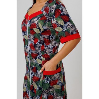 Халат  женский       из кулирки   на молнии  с коротким рукавом  красный   Kuzina