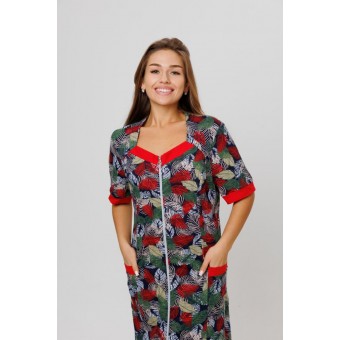 Халат  женский       из кулирки   на молнии  с коротким рукавом  красный   Kuzina