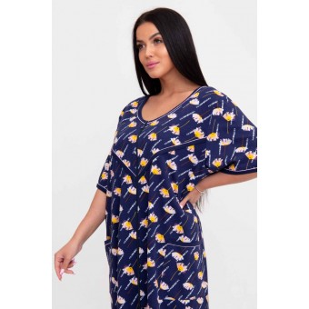 Халат  женский       из кулирки   на молнии  с рукавом 1/2  синий   Kuzina