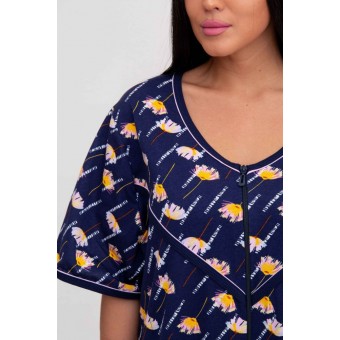 Халат  женский       из кулирки   на молнии  с рукавом 1/2  синий   Kuzina