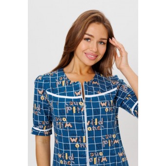 Халат  женский       из кулирки   на молнии  с рукавом 1/2  синий   Kuzina