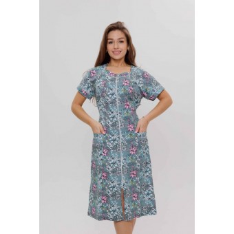 Халат  женский       из кулирки   на молнии  с коротким рукавом  голубой   Kuzina  