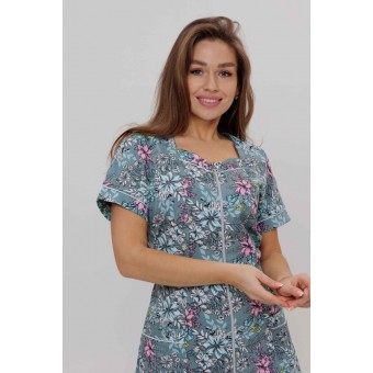 Халат  женский       из кулирки   на молнии  с коротким рукавом  голубой   Kuzina