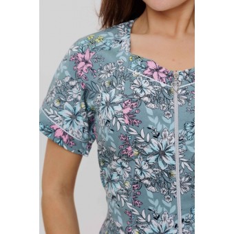 Халат  женский       из кулирки   на молнии  с коротким рукавом  голубой   Kuzina