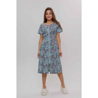 Халат  женский       из кулирки   на молнии  с коротким рукавом  голубой   Kuzina