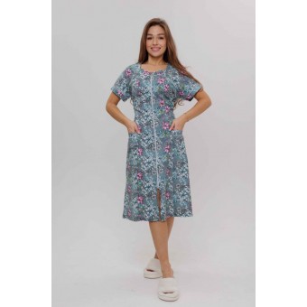 Халат  женский       из кулирки   на молнии  с коротким рукавом  голубой   Kuzina