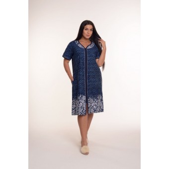 Халат  женский       из кулирки   на молнии  с коротким рукавом  синий   Kuzina