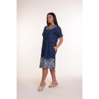 Халат  женский       из кулирки   на молнии  с коротким рукавом  синий   Kuzina