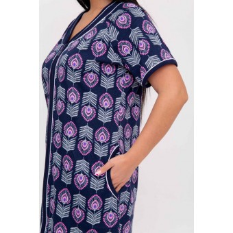 Халат  женский       из кулирки   на молнии  с коротким рукавом  фиолетовый   Kuzina