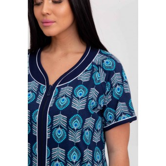 Халат  женский       из кулирки   на молнии  с коротким рукавом  голубой   Kuzina