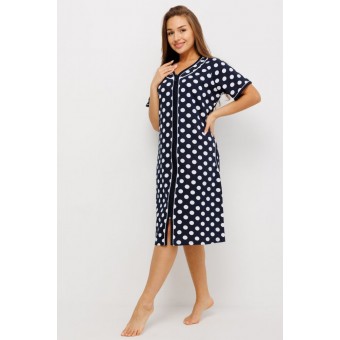 Халат  женский       из кулирки   на молнии  с коротким рукавом  Темно-синий   Kuzina  