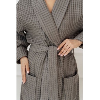 Халат  женский       из вафли   с запахом  с длинным рукавом  серый
