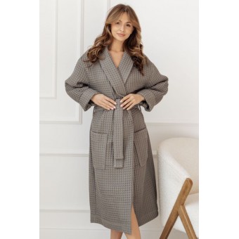 Халат  женский       из вафли   с запахом  с длинным рукавом  серый