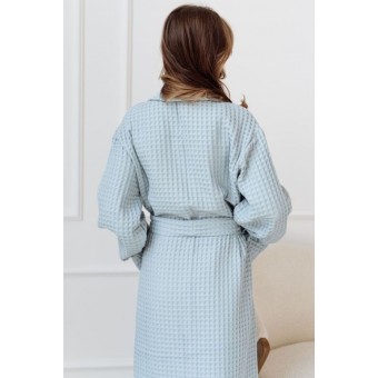 Халат  женский       из вафли   с запахом  с длинным рукавом  голубой