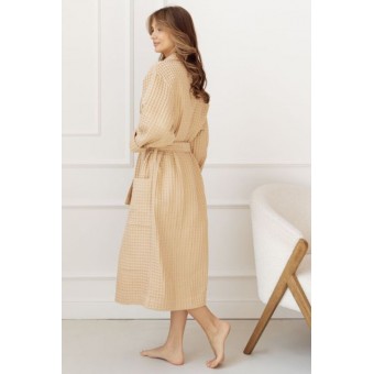 Халат  женский       из вафли   с запахом  с длинным рукавом  бежевый