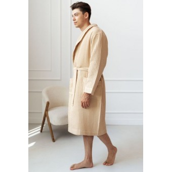 Халат  женский       из вафли   с запахом  с длинным рукавом  бежевый