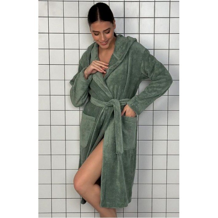 Халат женский махровый с запахом с длинным рукавом зеленый