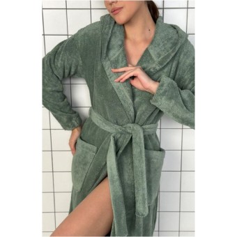 Халат  женский       махровый   с запахом  с длинным рукавом  зеленый