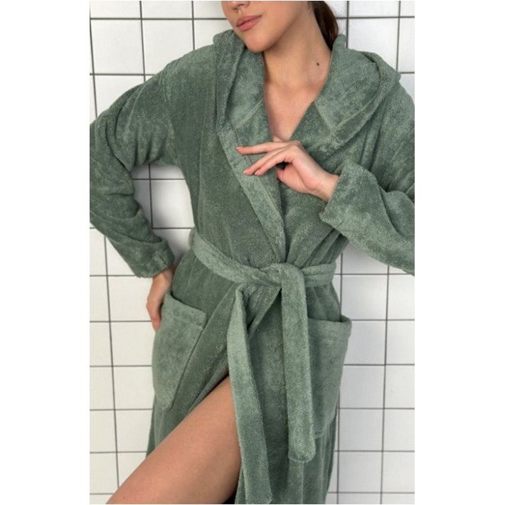 Халат женский махровый с запахом с длинным рукавом зеленый