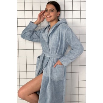 Халат  женский       махровый   с запахом  с длинным рукавом  голубой