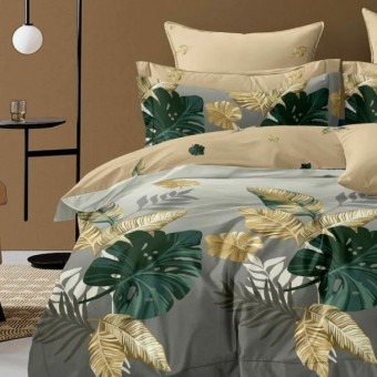 Комплект постельного белья         евро из сатина        с наволочками 70х70 2 шт Листья Kuzina  