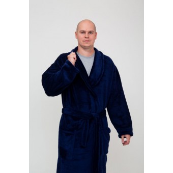 Халат  мужской       из велсофта   с запахом  с длинным рукавом  синий