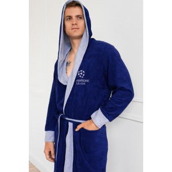Халат  мужской       махровый   с запахом  с длинным рукавом  синий