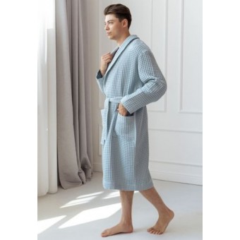Халат  женский       из вафли   с запахом  с длинным рукавом  голубой