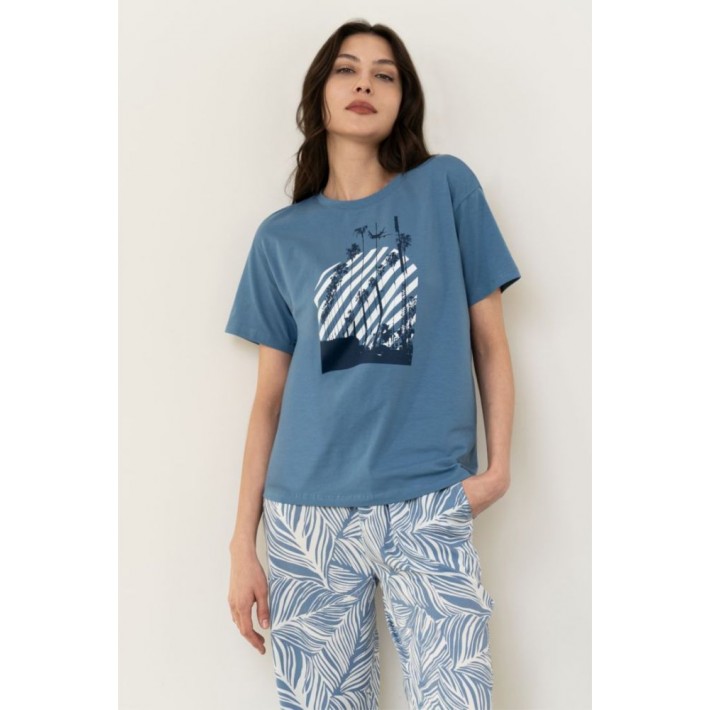 Футболка женская трикотажная голубая Принт Melado