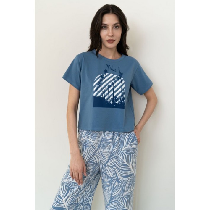 Футболка женская трикотажная голубая Принт Melado