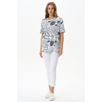 Футболка  женская       трикотажная       Белый, Синий  Цветы