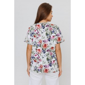 Футболка  женская       из кулирки       белая  Цветы Kuzina