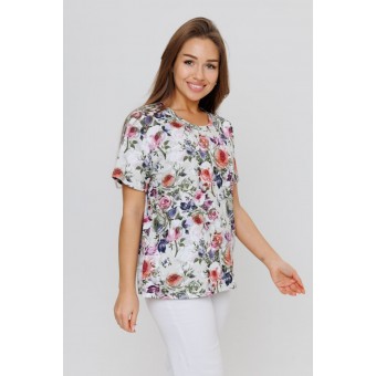 Футболка  женская       из кулирки       белая  Цветы Kuzina