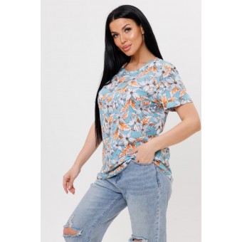 Футболка  женская       из кулирки       голубая  Цветы Kuzina