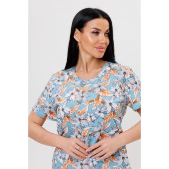 Футболка  женская       из кулирки       голубая  Цветы Kuzina