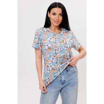 Футболка  женская       из кулирки       голубая  Цветы Kuzina