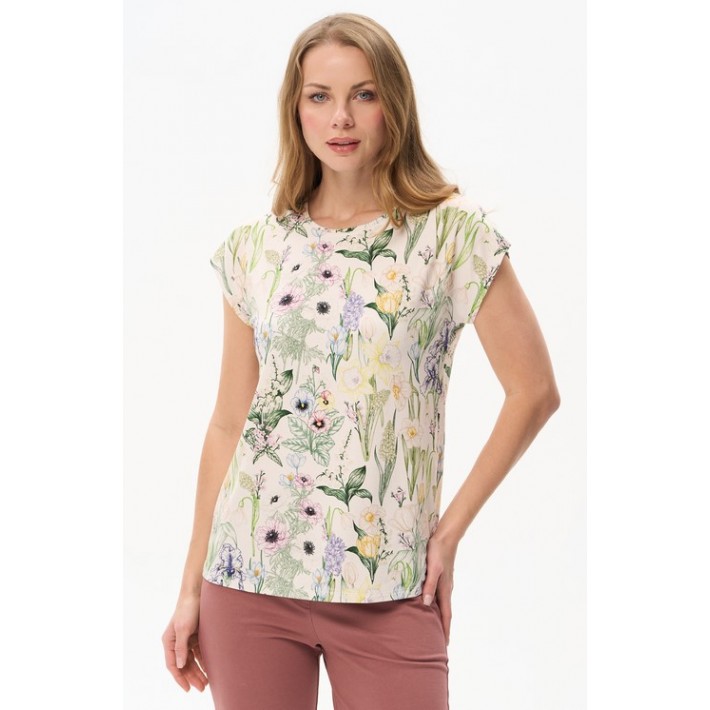 Футболка женская трикотажная бежевая Цветы