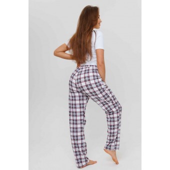 Брюки  женские       из кулирки       Белый, Бордовый  Клетка Kuzina